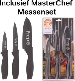 Masterchef Koekenpannen | 3-Delige Koekenpannenset | Inclusief 3 Inclusief Signature Collection Masterchef Messen | Ø 20, 24 En 28 Cm | Geschikt Voor Verschillende Warmtebronnen | Inductie, Elektrisch, Gas En Keramisch Pannenset | Vrij Van PFOA -Pot Bevordering 1116x1200