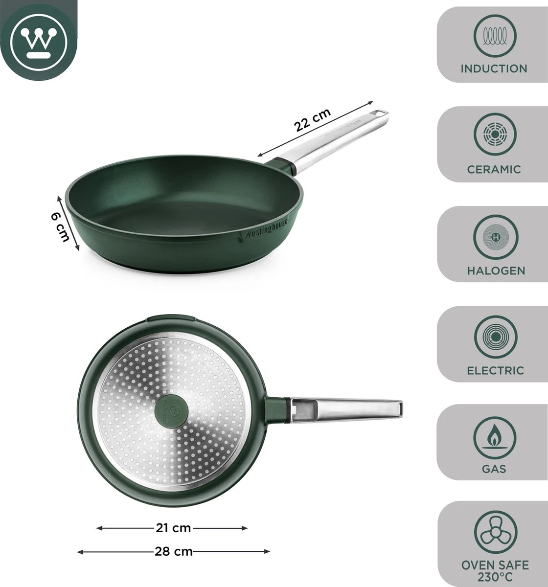 Westinghouse Performance Series - Koekenpan Inductie 28cm - Groen - Geschikt Voor Alle Warmtebronnen Inclusief Inductie En Ovenbestendig 5 Westinghouse Performance Series - Koekenpan Inductie 28cm - Groen - Geschikt Voor Alle Warmtebronnen Inclusief Inductie En Ovenbestendig - Afbeelding 3