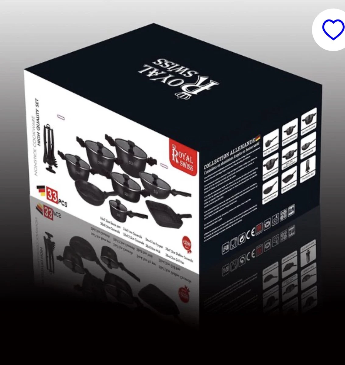 Royal Swiss® - Set Lot 33-delige - Pannenset Inductie - Steengoeden - Afneembare Handgreep - Glazen Deksel - Geschikt Voor Oven - PFAS-vrij + Keukengerei 5 Royal Swiss® - Set Lot 33-delige - Pannenset Inductie - Steengoeden - Afneembare Handgreep - Glazen Deksel - Geschikt Voor Oven - PFAS-vrij + Keukengerei - Afbeelding 3