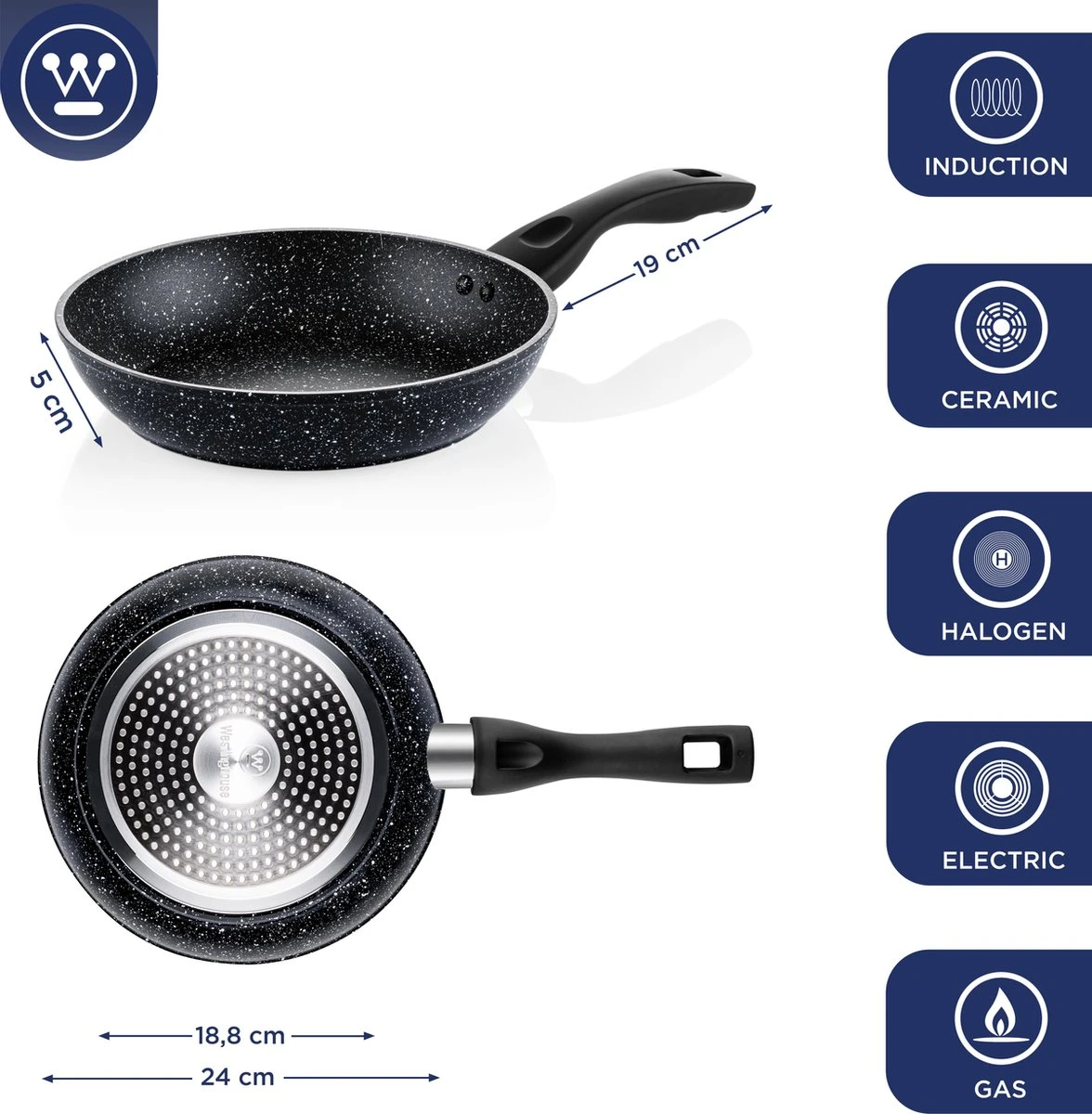 Westinghouse Koekenpan Inductie - Ø 24 Cm - Zwart Marmer - Geschikt Voor Alle Warmtebronnen 4 Westinghouse Koekenpan Inductie - Ø 24 Cm - Zwart Marmer - Geschikt Voor Alle Warmtebronnen - Afbeelding 2