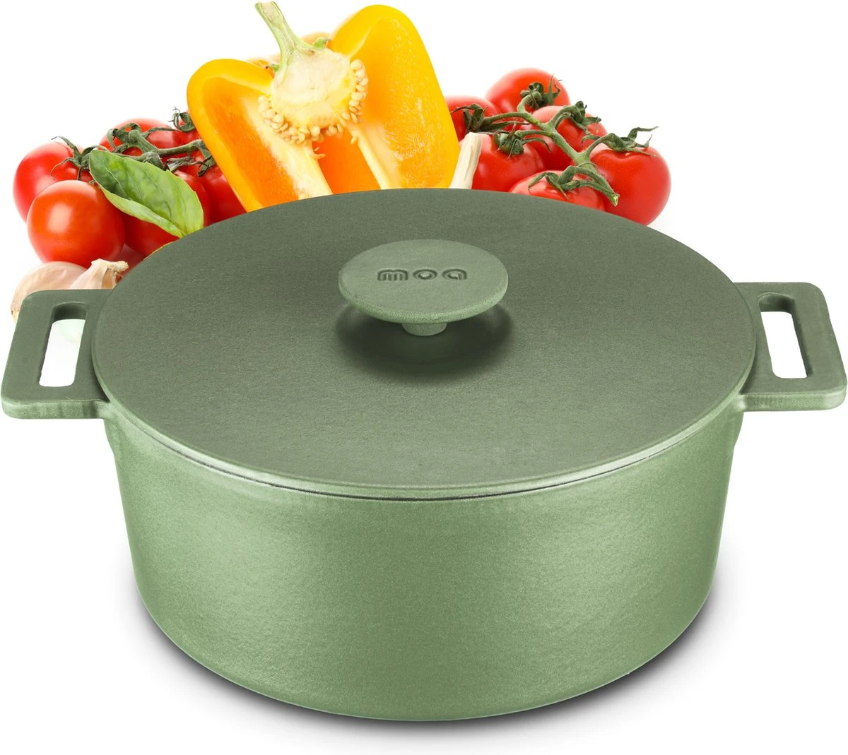 MOA Gietijzeren Braadpan - Inhoud 4,75 Liter - 26CM - Rond - Alle Warmtebronnen - Ook Voor Inductie - Gewicht 5,8 Kg - Olijfgroen - MC26OG