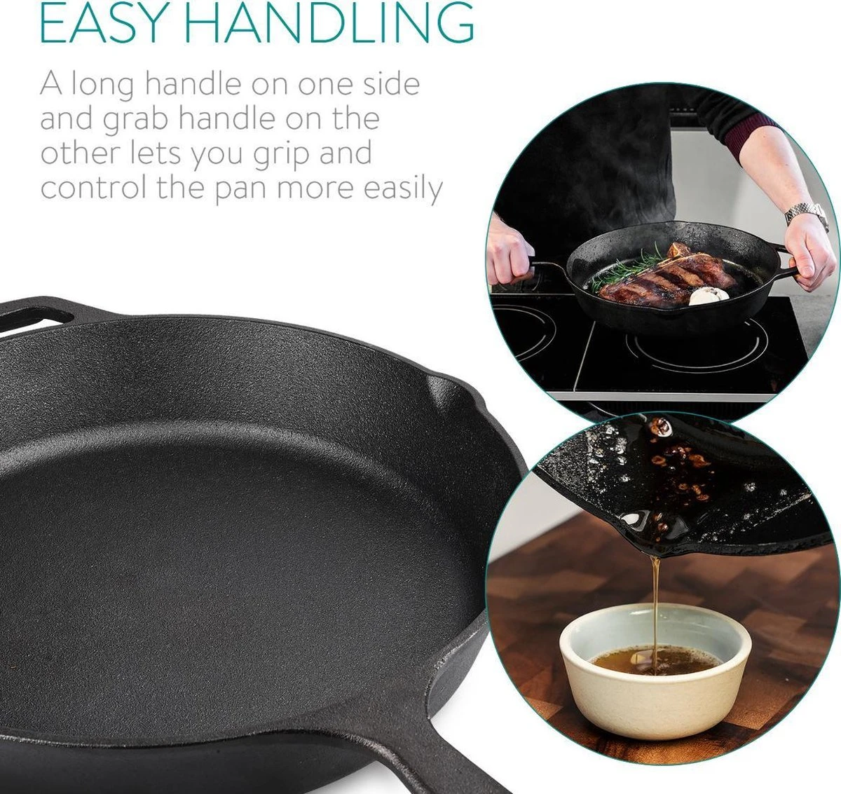 Navaris Gietijzeren Koekenpan - Braadpan Van Gietijzer - Ronde Skillet - Geschikt Voor Alle Warmtebronnen - Ø 30 Cm - Ovenbestendig Tot 260 Graden 4 Navaris Gietijzeren Koekenpan - Braadpan Van Gietijzer - Ronde Skillet - Geschikt Voor Alle Warmtebronnen - Ø 30 Cm - Ovenbestendig Tot 260 Graden - Afbeelding 2