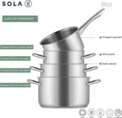 Sola Pannenset Blizz - 4 Delig - Ø Cm - Zilver - RVS - Sandwichbodem 18 Sola Pannenset Blizz - 4 Delig - Ø Cm - Zilver - RVS - Sandwichbodem -Pot Bevordering 1200x1166 1