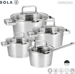 Sola Pannenset Diamond - 4 Delig - Ø 16,16,18,20 Cm - Zilver - RVS - Sandwichbodem 21 Sola Pannenset Diamond - 4 Delig - Ø 16,16,18,20 Cm - Zilver - RVS - Sandwichbodem -Pot Bevordering 1200x1183