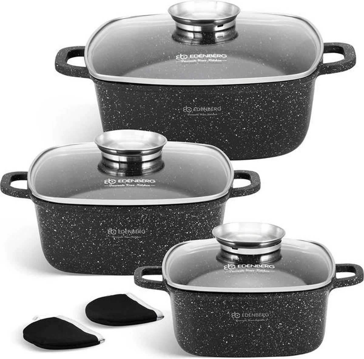 Edënbërg Stonetec Line - 8-delige Luxe Pannenset Van Gesmeed Aluminium - Zwart 3 Edënbërg Stonetec Line - 8-delige Luxe Pannenset Van Gesmeed Aluminium - Zwart