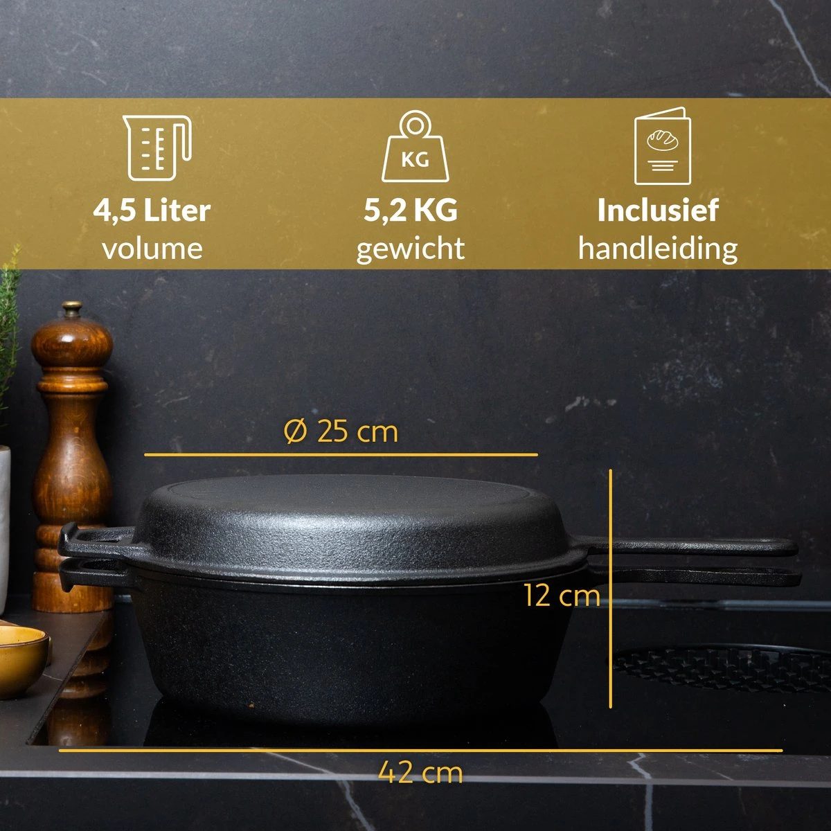 Chefarone Gietijzeren Pan - 2-in-1 Braadpan Inclusief Deksel - Geschikt Voor Alle Warmtebronnen 6 Chefarone Gietijzeren Pan - 2-in-1 Braadpan Inclusief Deksel - Geschikt Voor Alle Warmtebronnen - Afbeelding 4