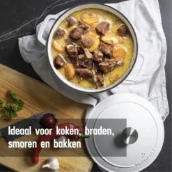 Daumonet Carême Blanc Gietijzeren Braadpan - Sudderpan Wit - Rond - Ø 26 Cm - 4,4 Liter - 100% PFAS & PFOA Vrij - Emaille - Geschikt Voor Alle Warmtebronnen - Elektrisch - Gas - Halogeen - Inductie - Keramisch - Vaatwasserbestendig -Pot Bevordering 1200x1200 1101