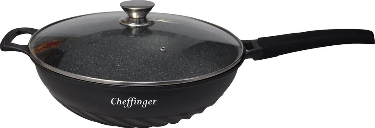Cheffinger Wokpan Met Deksel - 32cm - Zwart - Pan - Keukenaccessoires 3 Cheffinger Wokpan Met Deksel - 32cm - Zwart - Pan - Keukenaccessoires