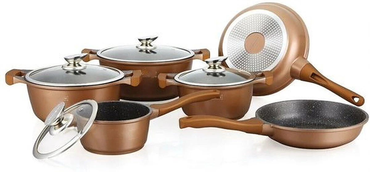 Herenthal Royal HT-CBS1010M - Pannenset - 10 Delig - Marmeren Coating - Met Glazen Deksels - Inductie - Brons Koper 3 Herenthal Royal HT-CBS1010M - Pannenset - 10 Delig - Marmeren Coating - Met Glazen Deksels - Inductie - Brons Koper
