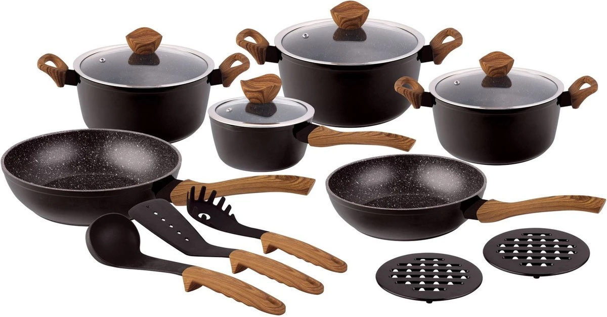 15 Delig Pannenset - Marmeren Coating - Hapjespan - Kookpan - Marmeren Coating - Met Glazen Deksels - Zwart 3 15 Delig Pannenset - Marmeren Coating - Hapjespan - Kookpan - Marmeren Coating - Met Glazen Deksels - Zwart
