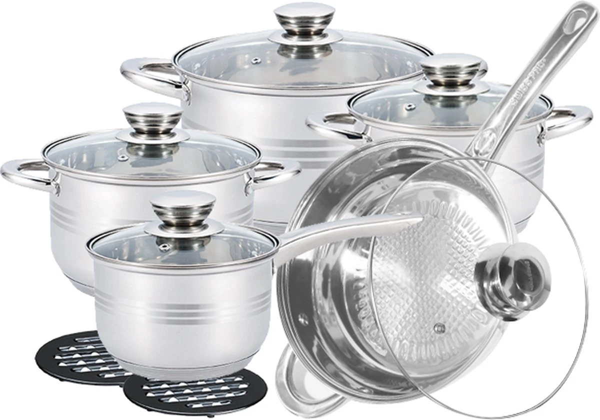 Pannenset 13 Delig - RVS - Pan / Steelpan / Koekenpan - Met Glazen Deksels - Inductie - PFAS-vrij 3 Pannenset 13 Delig - RVS - Pan / Steelpan / Koekenpan - Met Glazen Deksels - Inductie - PFAS-vrij